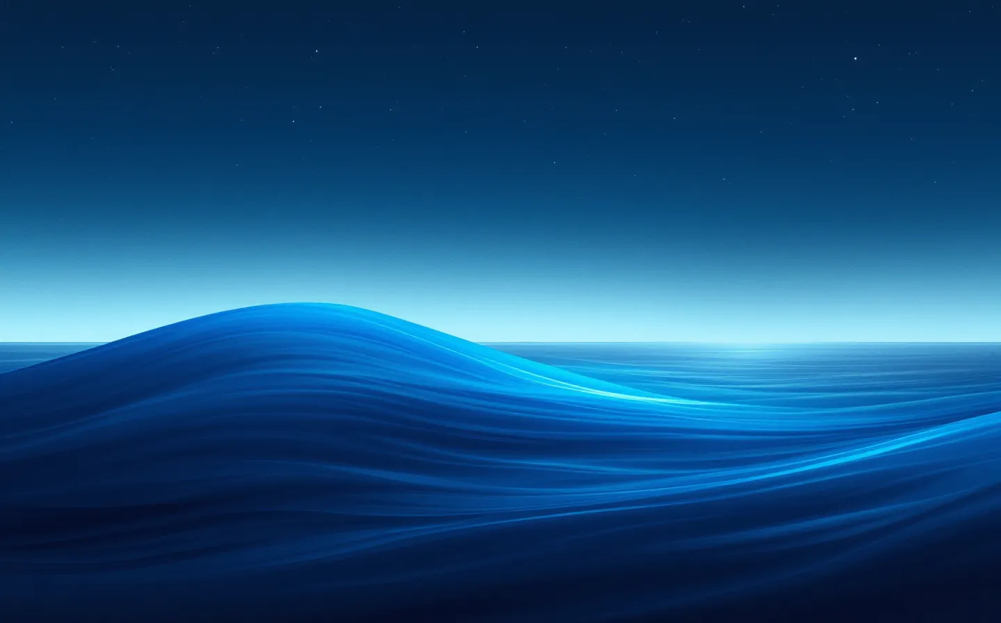 A calm coastal-horizon illustration of a luminous pale-ocean tide curve rising back toward a higher baseline with a soft seafoam crest, emerging from dark night water under a quiet cool sky